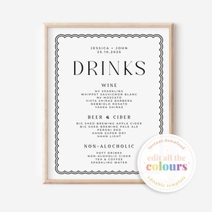 BELLA Modern Wedding Drinks Bar Sign Template, Minimal Cocktail sign birthday sign download, Instant Download Editable Templett