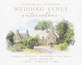 Custom Digital Watercolour Wedding Venue Illustration, Digital Watercolor Wedding Venue Gift, Digital Download, PNG JPEG Format