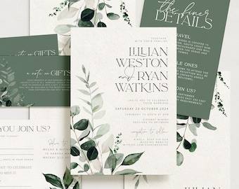 BEACHMERE  Rustic Wedding Invitation Template, botanical Greenery Wedding Invitation, Wedding Invite editable, instant download templett