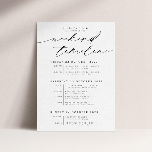 AUDREY Elegant Wedding Itinerary Template Download, Wedding Weekend Timeline, Schedule of Events, Editable Printable Template TEMPLETT