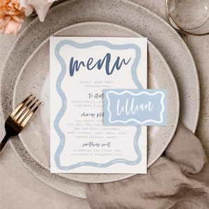 POLLY Blue Wavy Menu Placecard Template, Instant Download Editable Wedding Menu, Hens Party Bridal Shower  Menu, Templett Instant Download