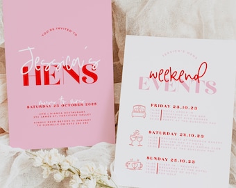 LANA Pink Red Modern Hens Weekend Events Invitation | Instant Download | Editable Hens Invitation | Bridal Shower Invitation templett