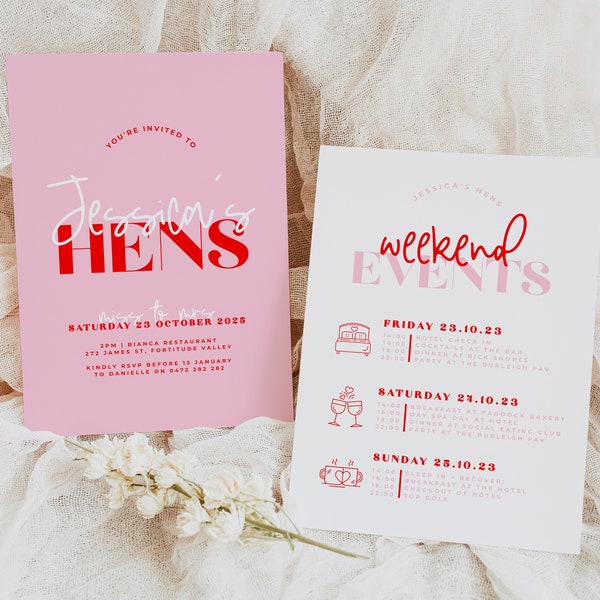 LANA Pink Red Modern Hens Weekend Events Invitation | Instant Download | Editable Hens Invitation | Bridal Shower Invitation templett