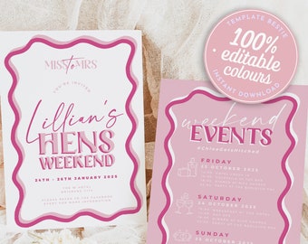 SONNY Modern Fun Hens Weekend Invite, Pink Hen Weekend Events, Bridal Shower Invitation template, Instant Download Editable Templett