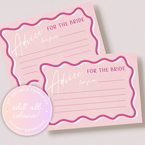 SONNY Pink Hens Party Advice Card template, Pink Wavy Bridal Shower Games Editable, Hot Pink Bridal Games Printable, Bridal Shower Curvy