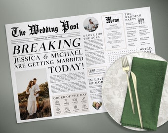 Editable Newspaper Wedding Placemat, Fun Printable Wedding Menu Template, DIY Wedding Timeline Program Template, Wedding Program Templett