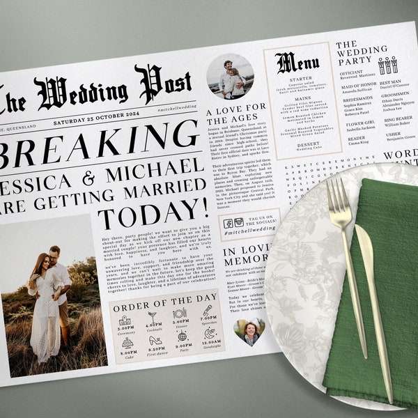 Editable Newspaper Wedding Placemat, Fun Printable Wedding Menu Template, DIY Wedding Timeline Program Template, Wedding Program Templett