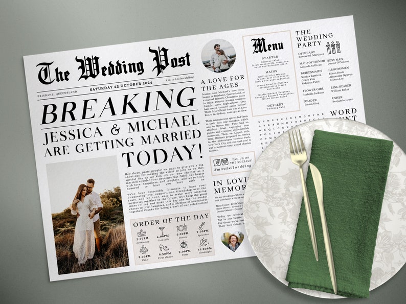 Editable Newspaper Wedding Placemat, Fun Printable Wedding Menu Template, DIY Wedding Timeline Program Template, Wedding Program Templett image 1