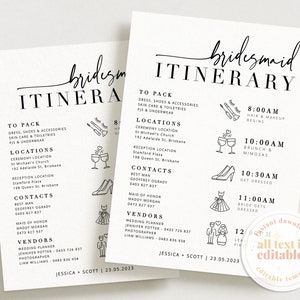 BRIBIE Bridesmaid Itinerary template, Minimal Bridal Party Timeline Order of Events, Instant Download Editable Templett
