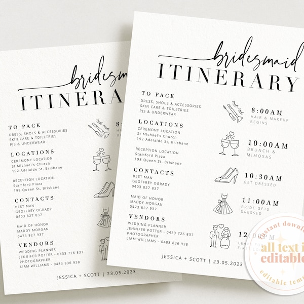 BRIBIE Bridesmaid Itinerary template, Minimal Bridal Party Timeline Order of Events, Instant Download Editable Templett