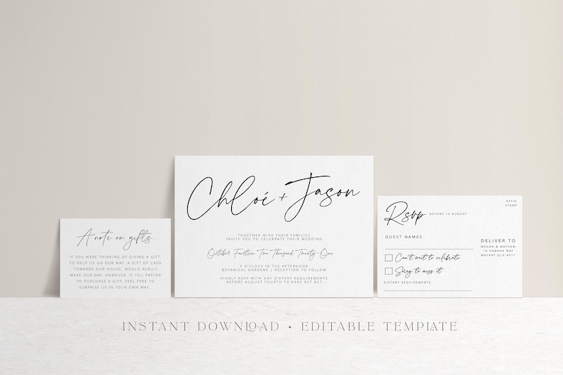 Modern Script Wedding Invitation SUITE Template Download Printable Templett instant download LUXE