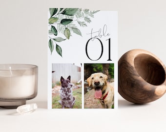 BEACHMERE | Greenery wedding dog photo table numbers template, reception table number, pet dog photo Sign, Instant Download Templett