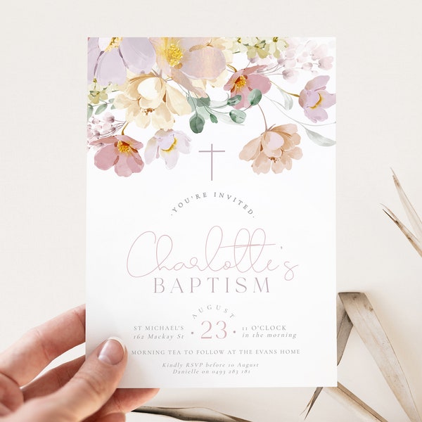 RUBY Spring Baptism invite template, Cell SMS Garden Floral Girls Naming Christening Invitation, Instant Download Editable Templett