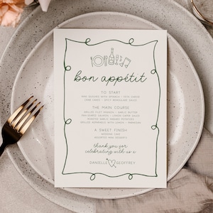 Plantilla de menú ondulado POET, menú de boda con ondas dibujadas a mano, menú de despedida de soltera festoneado, plantilla digital imprimible, descarga instantánea de Templett