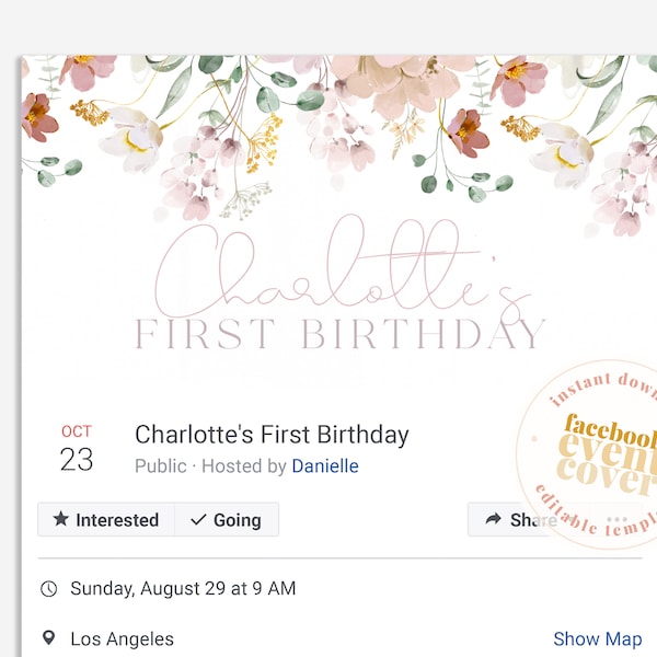 RUBY 1st Birthday Facebook Event Banner Template, Pastel Garden Floral Birthday invitation, Instant Download Editable Templett