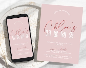 BRODY | Pink Hens Party Invitation template, Editable bachelorette party invite, SMS editable invite, templett instant download