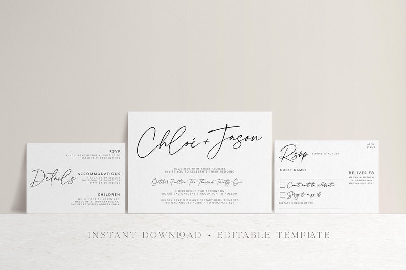 Modern Script Wedding Invitation SUITE Template Download Printable Templett instant download LUXE