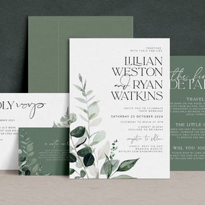 BEACHMERE Greenery Wedding Invitation Template Suite, botanical Printable Wedding Invitation, Wedding Invitations, Leaves Invitation Suite image 1