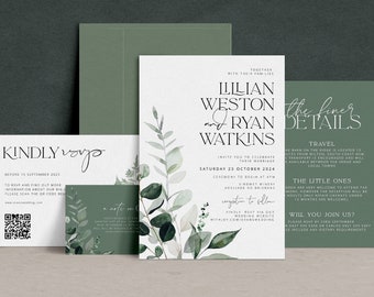 BEACHMERE Greenery Wedding Invitation Template Suite, botanical Printable Wedding Invitation, Wedding Invitations, Leaves Invitation Suite