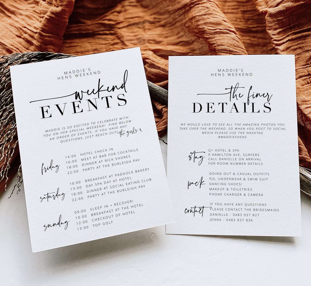 BRIBIE Minimal Hens Weekend Events Itinerary Template, Modern Weekend ...