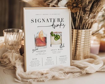BRIBIE Wedding Signature Drinks Sign, Printable Cocktail Bar Menu Template, Instant Download Template Signage, Templett Editable