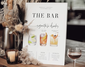 BRIBIE Modern Wedding Bar Signature Drinks Menu, Cocktail Bar Sign template, Printable Signature Drinks Menu, templett instant download