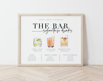 BRIBIE Minimal Wedding Bar Signature Drinks Menu, Cocktail Bar Sign template, Printable Signature Drinks Menu, templett instant download