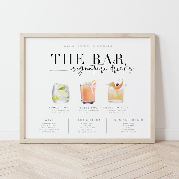 BRIBIE Minimal Wedding Bar Signature Drinks Menu, Cocktail Bar Sign template, Printable Signature Drinks Menu, templett instant download