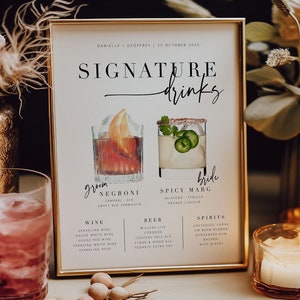 BRIBIE Modern Wedding Signature Drinks Menu, Cocktail Bar Sign template, Printable Signature Drinks Menu, templett instant download