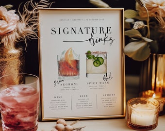 BRIBIE Modern Wedding Signature Drinks Menu, Cocktail Bar Sign template, Printable Signature Drinks Menu, templett instant download