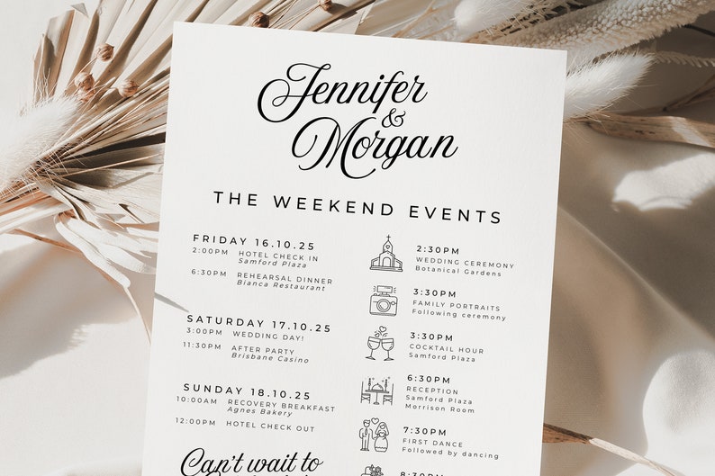 SOFIA Modern Wedding Events Card Template, Editable Wedding Welcome Bag Note, Wedding Events Timeline Printable, Modern Wedding Schedule image 1