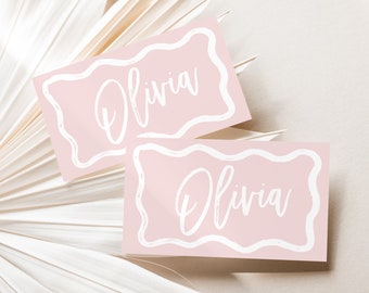 POLLY Pink Wriggly Placecard Template, Instant Download Editable Template, Hand Painted Shower Wedding Place Cards, Templett