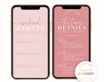 BRIBIE Pink Digital Hens Weekend Events Itinerary template, Modern SMS Cell Hens Weekend, Bachelorette, Instant Download Templett