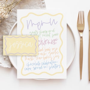 ELENI Colourful Wriggly Menu & Placecard Template, Instant Download Editable Menu Template, Wavey Colorful Hens Wedding, Templett