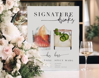 BRIBIE Modern Wedding Signature Drinks Menu, Cocktail Bar Sign template, Printable Signature Drinks Menu, templett instant download