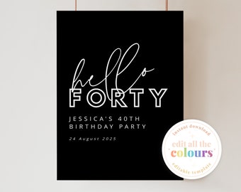 Modern Hello Forty Birthday Welcome Sign Template, Modern Black welcome sign 40th birthday sign download, Instant Download Editable Templett