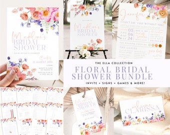 ELLA  Floral Bridal Shower Template Bundle, Bright Colourful Invitation Welcome Sign Decor, Games Bundle, TEMPLETT instant download