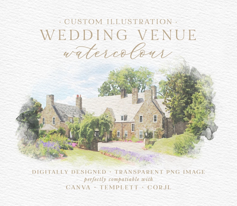 Custom Digital Watercolour Wedding Venue Illustration, Digital Watercolor Wedding Venue Gift, Digital Download, PNG JPEG Format image 1