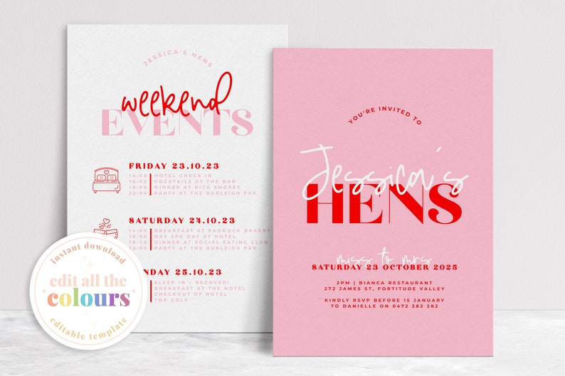 LANA Pink Red Modern Hens Weekend Events Invitation Instant Download Editable Hens Invitation Bridal Shower Invitation templett image 8