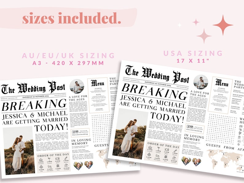 Editable Newspaper Wedding Placemat, Fun Printable Wedding Menu Template, DIY Wedding Timeline Program Template, Wedding Program Templett image 4