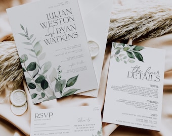 Conjunto de plantillas de invitación de boda BEACHMERE Greenery, invitación de boda moderna, invitaciones de boda, suite de invitación de vegetación, invitaciones