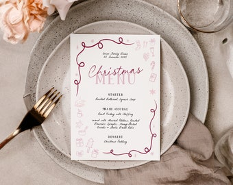 Pink & Red Christmas Menu template, Pink Wavey Festive Work party menu, editable welcome template, templett instant download FESTIVE