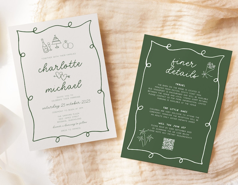 POET Modern Quirky Wedding Invitation Template, Green Hand drawn Wave Wedding Invite, Engagement Invite, Editable Templett Instant Download image 5