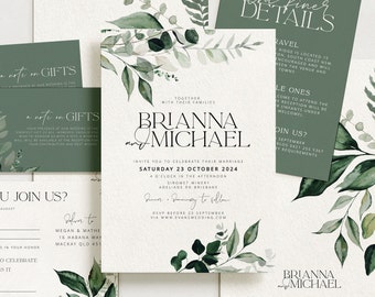 BEACHMERE  Wedding Invitation Suite Template, Editable Printable Wedding Invitation RSVP Details, Wedding Invite, Leaves Invitation Suite