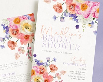 ELLA Bright Colourful bridal shower invitation template, Floral Garden Bridal Shower Invite, Instant Download Editable Templett