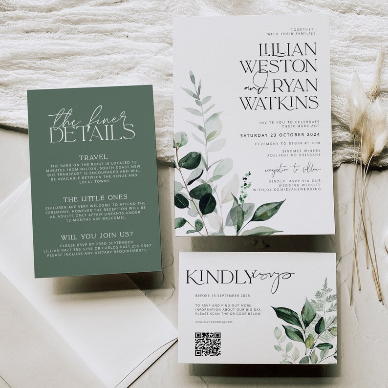 BEACHMERE Greenery Wedding Invitation Template Suite, botanical Printable Wedding Invitation, Wedding Invitations, Leaves Invitation Suite image 3
