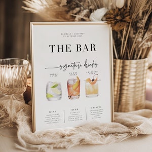 BRIBIE Modern Wedding Bar Signature Drinks Menu, Cocktail Bar Sign template, Printable Signature Drinks Menu, templett instant download