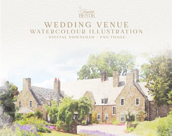 Custom Digital Watercolour Wedding Venue Illustration, Wedding Venue Gift, Digital Download, PNG JPEG Format
