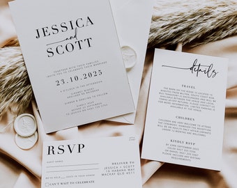 BRIBIE  Modern Wedding invitation suite template, Printable invitation template rsvp, instant download, wedding template, wedding invite