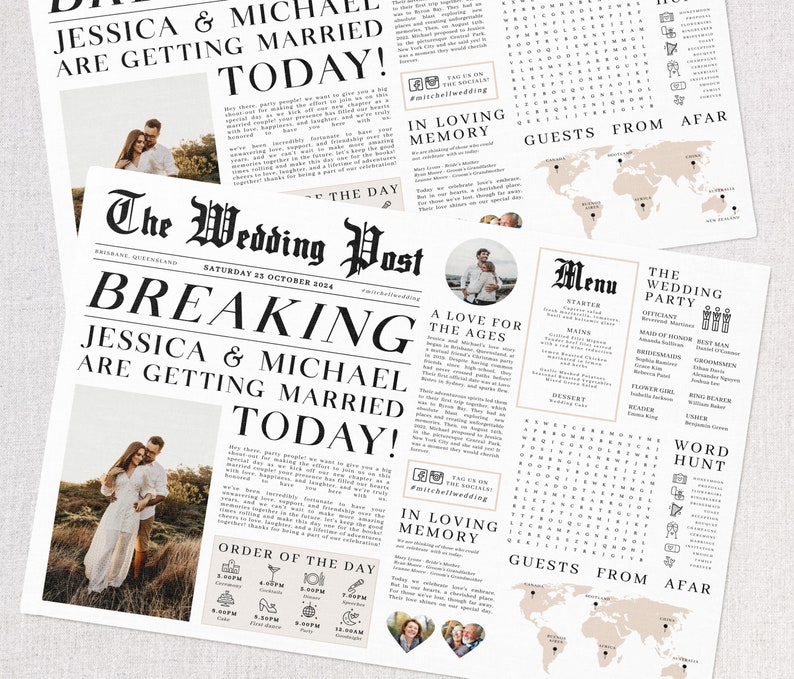 Editable Newspaper Wedding Placemat, Fun Printable Wedding Menu Template, DIY Wedding Timeline Program Template, Wedding Program Templett image 6